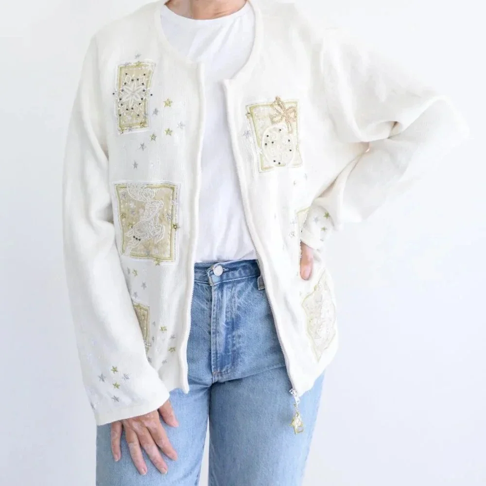 Vintage Tiara Cream Ugly Christmas Beaded Reindeer Zip Up Cardigan Sweater XL - Picture 1 of 16